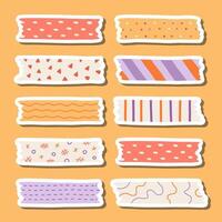 Cute sticker set of washi tape stripes with squiggle, geometry and abstract pattern for planners, notebooks. Ready for print list of stickers with cartoon adhesive scotch tape with ragged edges. vector