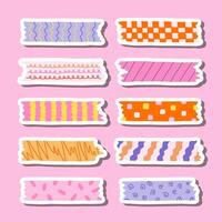 Cute sticker set of washi tape stripes with squiggle, geometry and abstract pattern for planners, notebooks. Ready for print list of stickers with cartoon adhesive scotch tape with ragged edges. vector