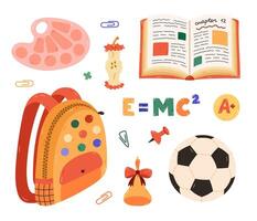 Cute cartoon set with kids school supplies. Hand drawn collection of schoolbag, open text book, globe, paint palette, apple core, soccer ball. Back to school clipart for study, draw and work. vector