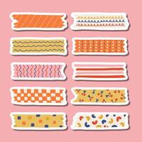 Cute sticker set of washi tape stripes with squiggle, geometry and abstract pattern for planners, notebooks. Ready for print list of stickers with cartoon adhesive scotch tape with ragged edges. vector
