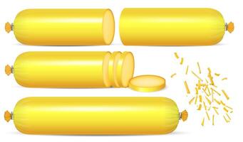 realistic sausage cheese packaging. Design template for the layout, close-up, isolated, front view. vector