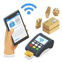The method of payment by card through the Pos terminal. Flat, cardboard on a pure white background. vector