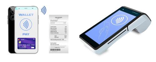 Realistic 3d Payment Wi-Fi Machine, Smarthone. POS Terminal. vector
