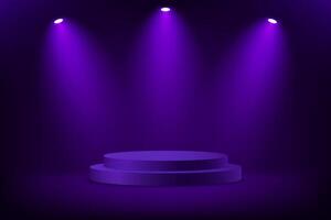 Abstract realistic 3D purple cylinder podium with spotlight effect. Dark purple background 3d with podium. Space for selling products on the website. illustration. vector