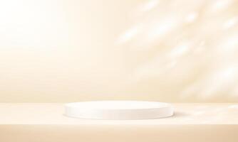 Beige studio room background. Beige background 3d with podium. Empty room with shadow leaves. Space for selling products on the website. Round stage for showcase. illustration. vector