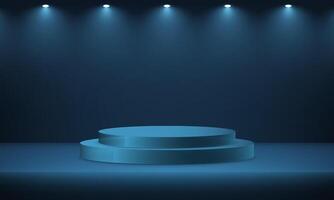 Abstract realistic 3D blue cylinder podium with spotlight effect. Blue navy background 3d with podium. Space for selling products on the website. illustration. vector