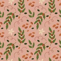 Coffee beans seamless pattern hand drawn background. Repeating abstract backdrop with coffee plant, branch, heap bean. For wrapping, paper, template, label, card, flyer, textile. Design element vector