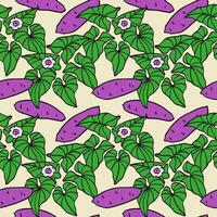 Sweet potato plant hand drawn seamless pattern. Repeating background with tuber, yam, leaf, flower. Colored food graphic. Design elements for textile, label, card, paper, menu, card, paper vector