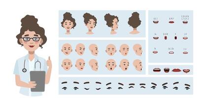 Medical worker woman doctor avatar creation suitable for animation. Generator, constructor of diverse eyes, lips, emotion expressions mouth animation and lip sync. Female character face construction. vector