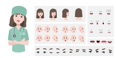 Medical worker woman doctor avatar creation suitable for animation. Generator, constructor of diverse eyes, lips, emotion expressions mouth animation and lip sync. Female character face construction. vector