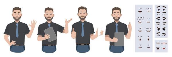 Business office worker man constructor suitable for animation. Generator of diverse eyes, lips, emotion expressions mouth animation and lip sync. Young man character face and upper body construction. vector