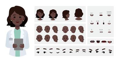 Medical worker woman doctor avatar creation suitable for animation. Generator, constructor of diverse eyes, lips, emotion expressions mouth animation and lip sync. Female character face construction. vector