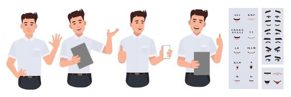 Business office worker man constructor suitable for animation. Generator of diverse eyes, lips, emotion expressions mouth animation and lip sync. Young man character face and upper body construction. vector