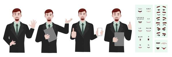 Business office worker man constructor suitable for animation. Generator of diverse eyes, lips, emotion expressions mouth animation and lip sync. Young man character face and upper body construction. vector