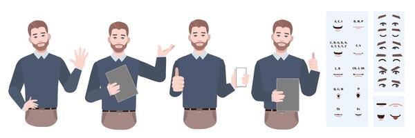 Business office worker man constructor suitable for animation. Generator of diverse eyes, lips, emotion expressions mouth animation and lip sync. Young man character face and upper body construction. vector