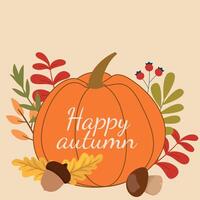Modern autumn background with pumpkin, acorn, and leaves in warm colors with happy autumn text. Perfect for seasonal greeting, fall decoration, Thanksgiving card, and harvest festival invitation. vector