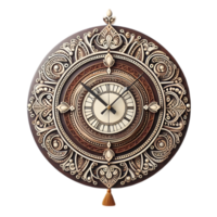 Wooden clock with ornate designs isolated from background png