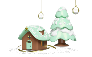 3d house with snow globe, green christmas tree, snowflake isolated. merry christmas and festive New Year concept, 3d illustration render png