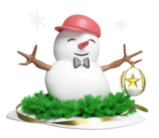 3d snowman hand holding snow globe with pine leaves, snowflake isolated. merry christmas and festive new year concept, 3d illustration render png