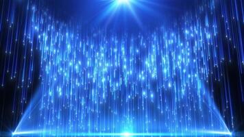 A spotlight illuminates the background of the stage. Animation of shiny dust particles and light rain particles particles. Blue rays. Abstract luxury background for awards and celebrations. looping video
