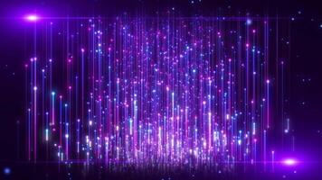 Abstract digital background with glowing neon particles or bright rays of light flying upward. movement of a stream of glowing bright lines of particles. Cinemagraphic background for awards. loop video