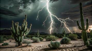 Lightning strikes over the dry desert during the night photo