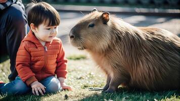 Depiction of friendly capybara lying on the green grass with child sitting beside photo