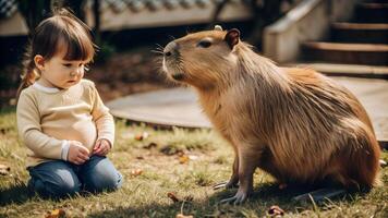 Depiction of friendly capybara lying on the green grass with child sitting beside photo