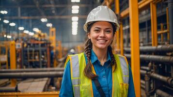 Beautiful female engineer wearing a yellow hard hat and safety vest She smiled and stood in front of many industrial pipes and complicated machines. photo