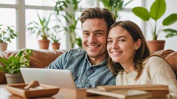 Couple resting happily at home on vacation. photo