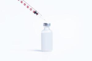 Vaccine vial bottle with a syringe on a white background with copy space. photo