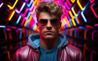 Handsome man in colorful sunglasses with smile attractive portrait in neon tunnel background scene photo
