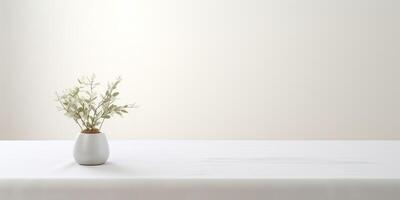 White kitchen table with plant in vase. Decoration minimal mock up scene background photo