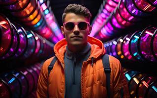 Handsome man in colorful sunglasses with smile attractive portrait in neon tunnel background scene photo