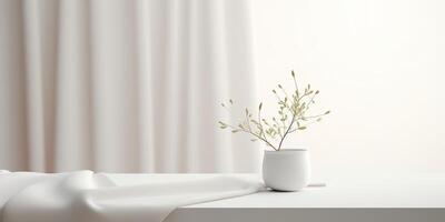 White kitchen table with plant in vase. Decoration minimal mock up scene background photo