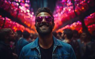 Handsome man in colorful sunglasses with smile attractive portrait in neon tunnel background scene photo