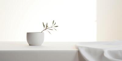 White kitchen table with plant in vase. Decoration minimal mock up scene background photo