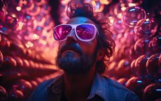 Handsome man in colorful sunglasses with smile attractive portrait in neon tunnel background scene photo