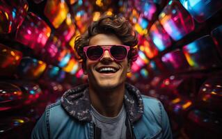 Handsome man in colorful sunglasses with smile attractive portrait in neon tunnel background scene photo