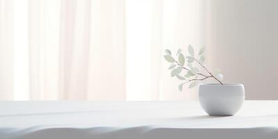 White kitchen table with plant in vase. Decoration minimal mock up scene background photo