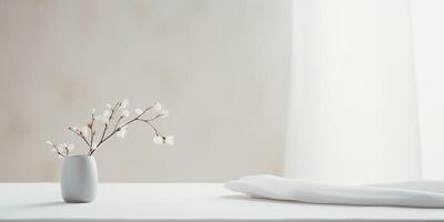 White kitchen table with plant in vase. Decoration minimal mock up scene background photo