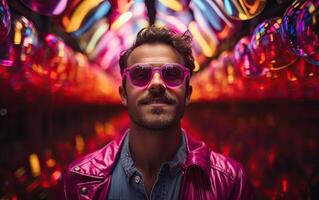 Handsome man in colorful sunglasses with smile attractive portrait in neon tunnel background scene photo