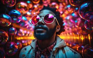 Handsome man in colorful sunglasses with smile attractive portrait in neon tunnel background scene photo