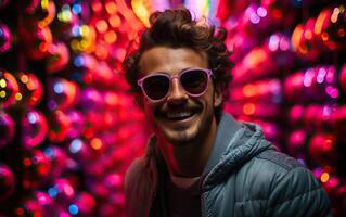 Handsome man in colorful sunglasses with smile attractive portrait in neon tunnel background scene photo