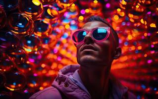 Handsome man in colorful sunglasses with smile attractive portrait in neon tunnel background scene photo
