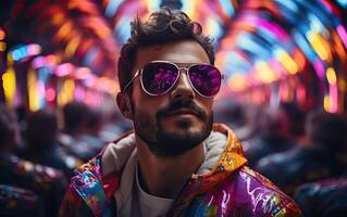 Handsome man in colorful sunglasses with smile attractive portrait in neon tunnel background scene photo