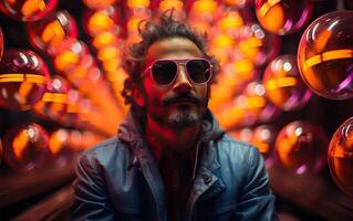 Handsome man in colorful sunglasses with smile attractive portrait in neon tunnel background scene photo