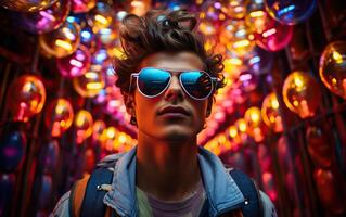 Handsome man in colorful sunglasses with smile attractive portrait in neon tunnel background scene photo