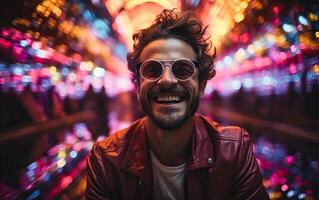 Handsome man in colorful sunglasses with smile attractive portrait in neon tunnel background scene photo