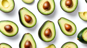 Avocado and its slices are arranged with a pattern on white background photo